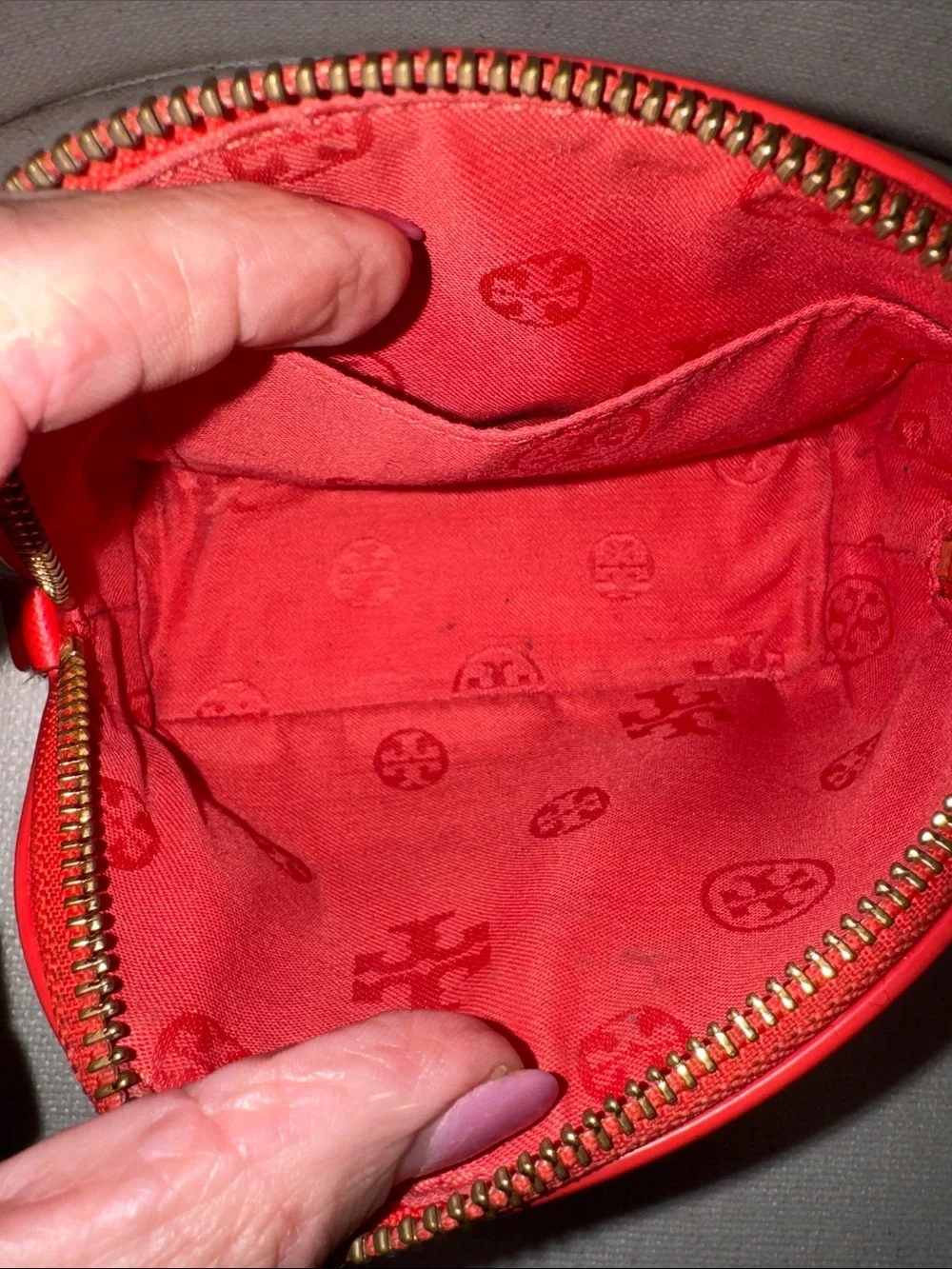 Tory Burch Orange-Red Dome Cosmetic Pouch with Gold Logo